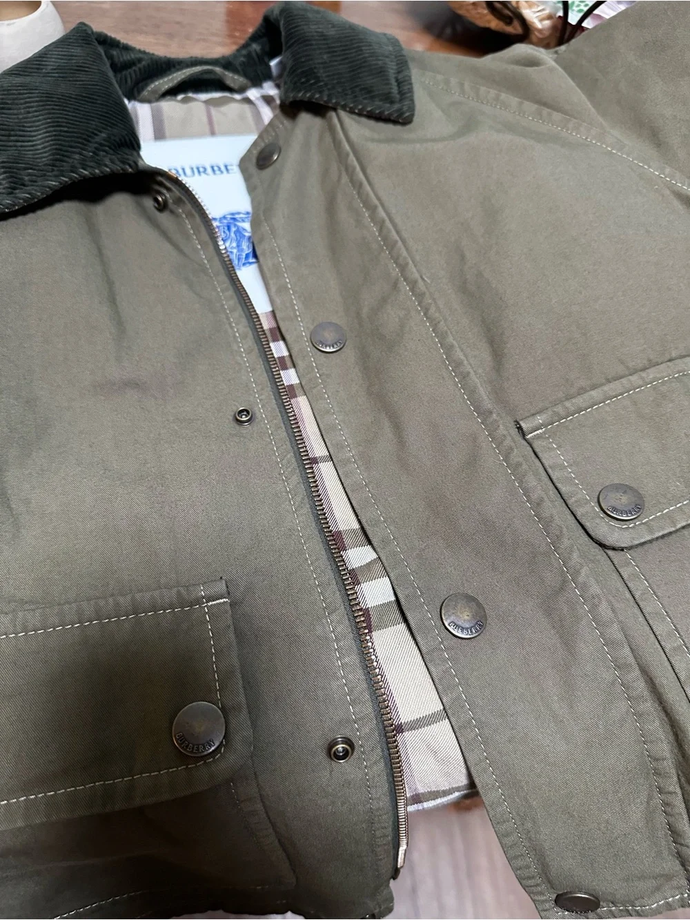 Burberry Olive Green Utility Jacket with Dark Corduroy Collar